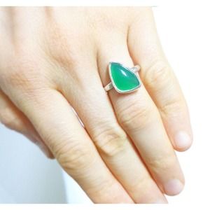 Green Chalcedony 925 Sterling Silver Ring, Natural Green Chrysoprase Ring 7.5